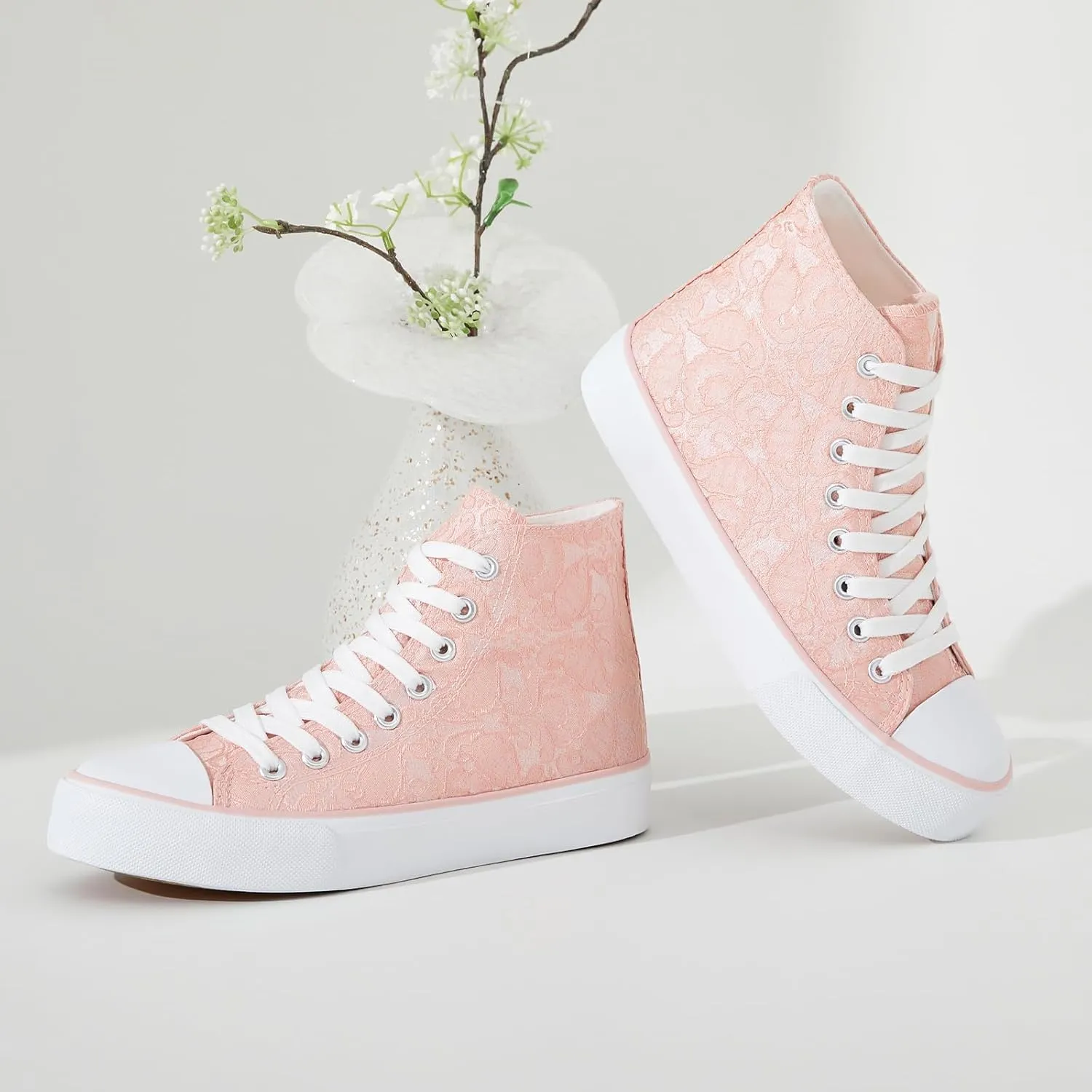 BENPAO Women's High Top Canvas Sneakers, Floral Embroidered Fashion Tennis Shoes - White Breathable Casual Walking Shoes