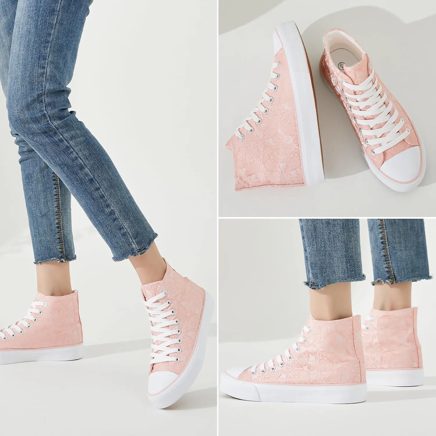 BENPAO Women's High Top Canvas Sneakers, Floral Embroidered Fashion Tennis Shoes - White Breathable Casual Walking Shoes