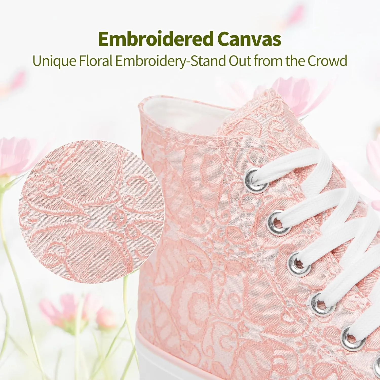 BENPAO Women's High Top Canvas Sneakers, Floral Embroidered Fashion Tennis Shoes - White Breathable Casual Walking Shoes