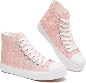 BENPAO Women's High Top Canvas Sneakers, Floral Embroidered Fashion Tennis Shoes - White Breathable Casual Walking Shoes