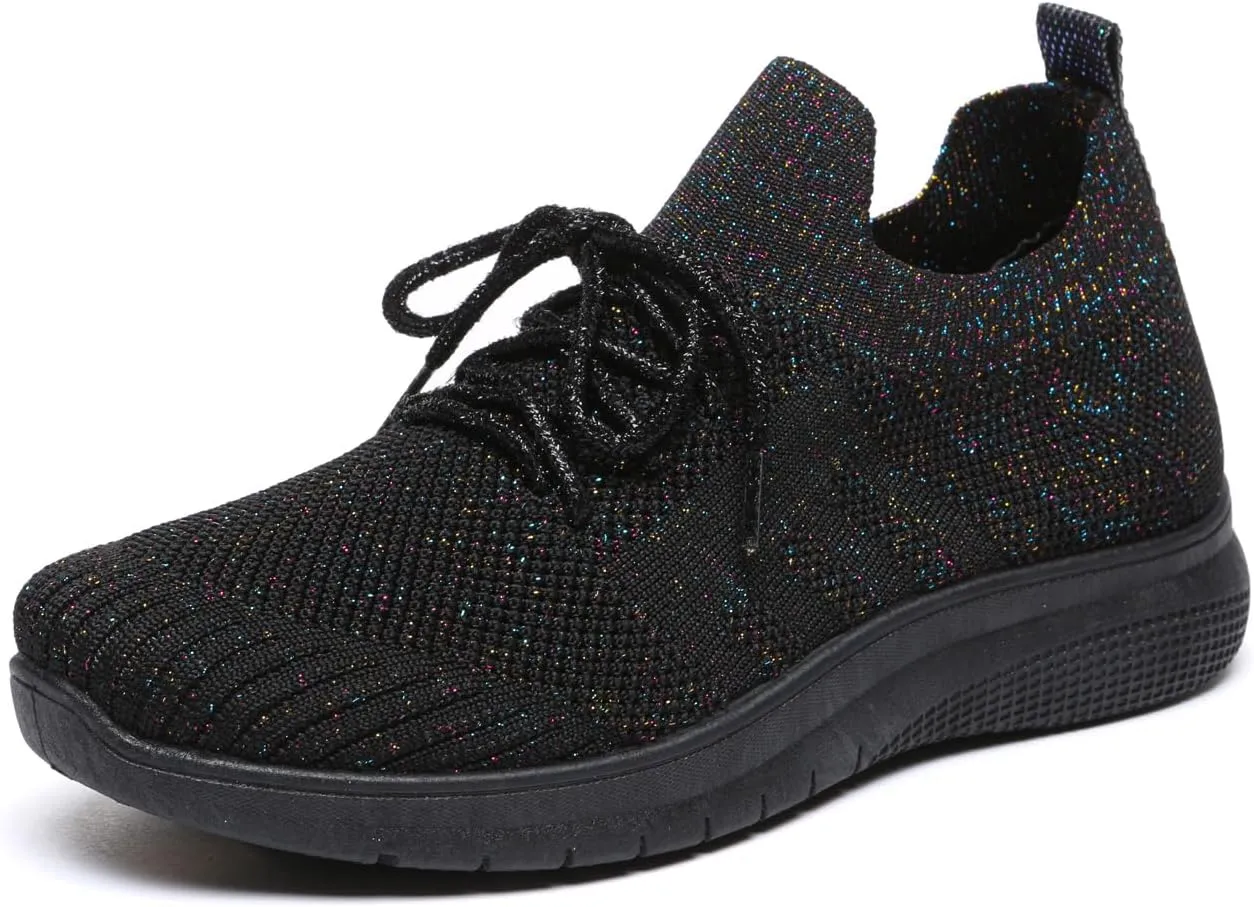 Bernal Women Sparkle Walking Tennis Shoes Casual Lace-Up Non Slip Breathable Mesh Working Sneakers Gym Workout Shoes