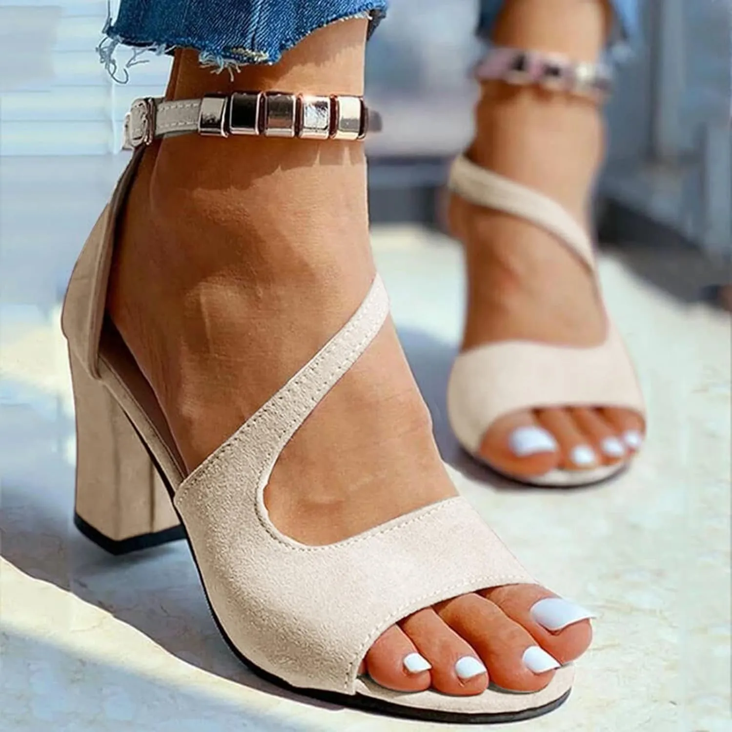 Block Heels For Womens Buckle Strap Chunky Heel Sandals Beaded Fish Mouth High Heels Summer Casual Ankle Strap Sandals Pumps Boho Shoes Fashion Lace Up Wedding Party Evening Prom Dance Dress Shoes
