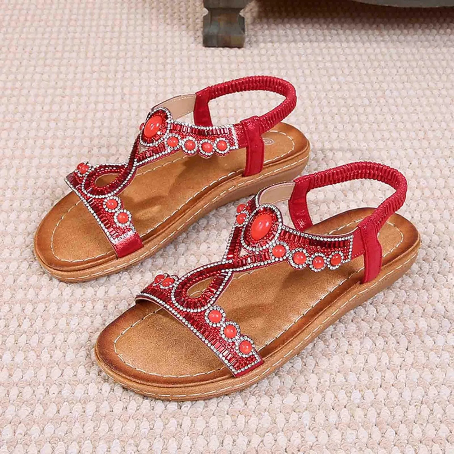 Bohemian Sandals for Women T-Strap Beaded Flower Rhinestone Flat Sandal Dress Beach Shoes Hiking Workout Shoe Summer Y2K Dressy