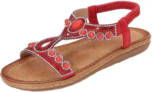 Bohemian Sandals for Women T-Strap Beaded Flower Rhinestone Flat Sandal Dress Beach Shoes Hiking Workout Shoe Summer Y2K Dressy