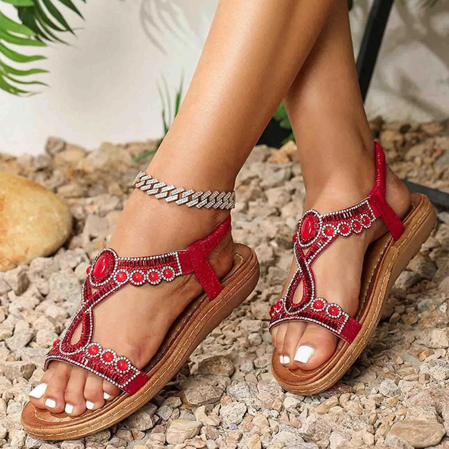 Bohemian Sandals for Women T-Strap Beaded Flower Rhinestone Flat Sandal Dress Beach Shoes Hiking Workout Shoe Summer Y2K Dressy