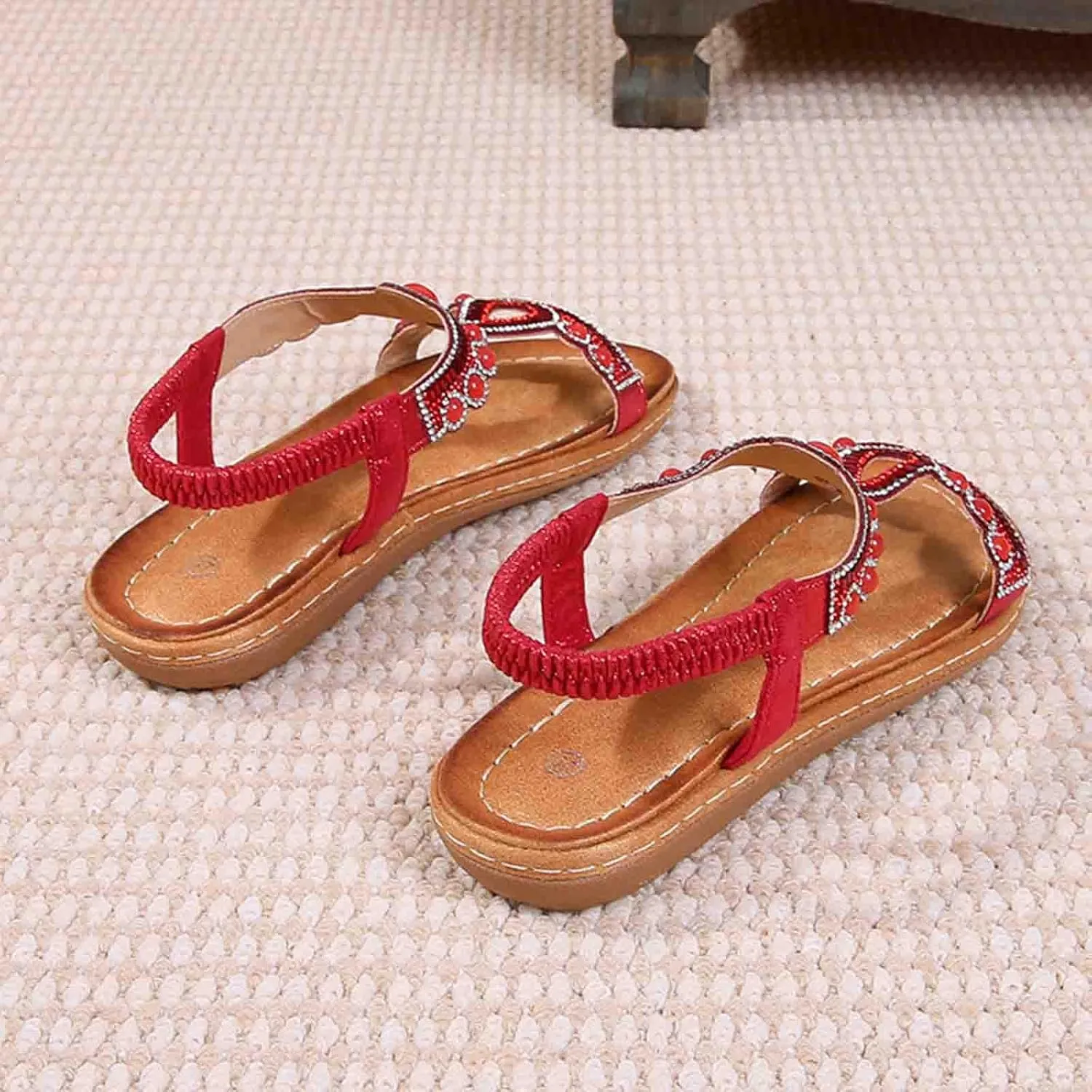 Bohemian Sandals for Women T-Strap Beaded Flower Rhinestone Flat Sandal Dress Beach Shoes Hiking Workout Shoe Summer Y2K Dressy