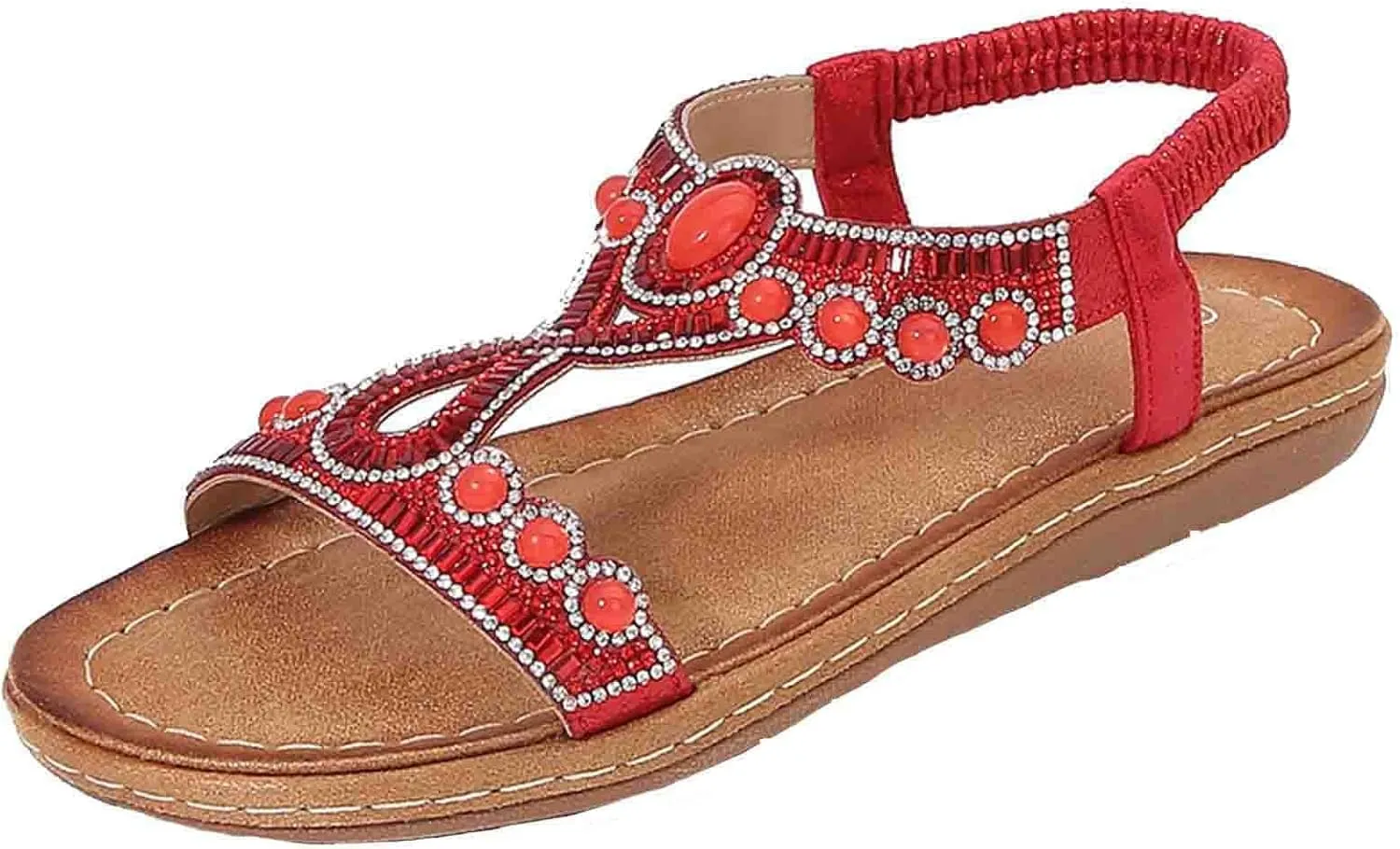 Bohemian Sandals for Women T-Strap Beaded Flower Rhinestone Flat Sandal Dress Beach Shoes Hiking Workout Shoe Summer Y2K Dressy