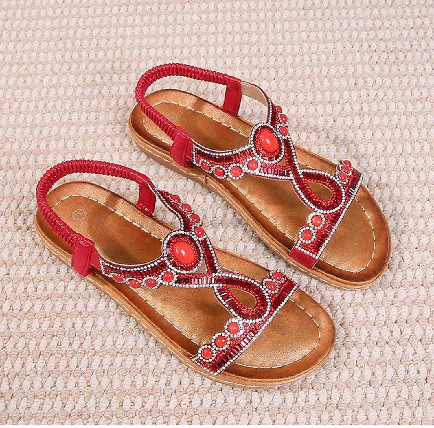 Bohemian Sandals for Women T-Strap Beaded Flower Rhinestone Flat Sandal Dress Beach Shoes Hiking Workout Shoe Summer Y2K Dressy