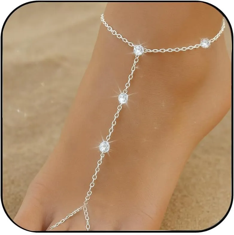 Boho Silver Ankle Bracelets for Women Adjustable Waterproof Dainty Foot Chain Toe Ring Anklets Barefoot Sandals Women Jewelry