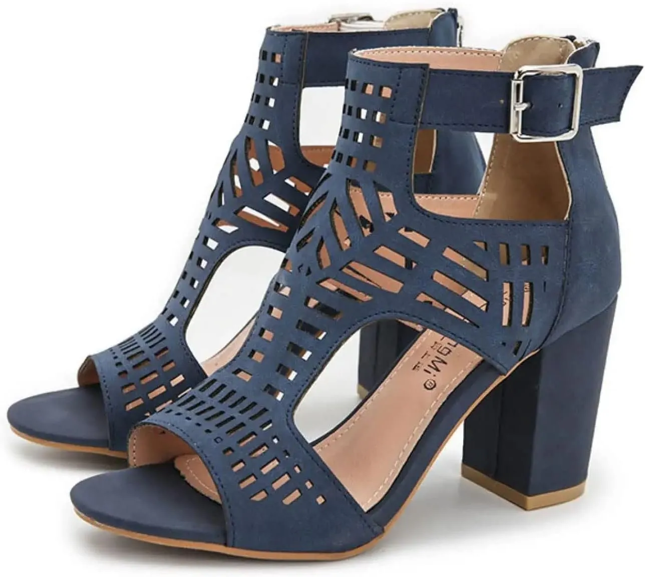 BORAMAX Chunky Heeled Sandals for Women Cutout Strappy Peep Toe Block Heels Buckle up Party Dressy Sandal Women Booties