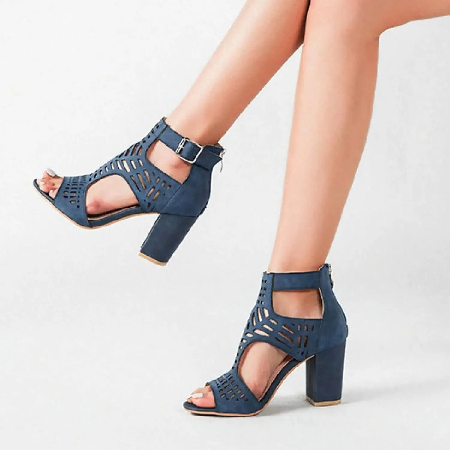 BORAMAX Chunky Heeled Sandals for Women Cutout Strappy Peep Toe Block Heels Buckle up Party Dressy Sandal Women Booties