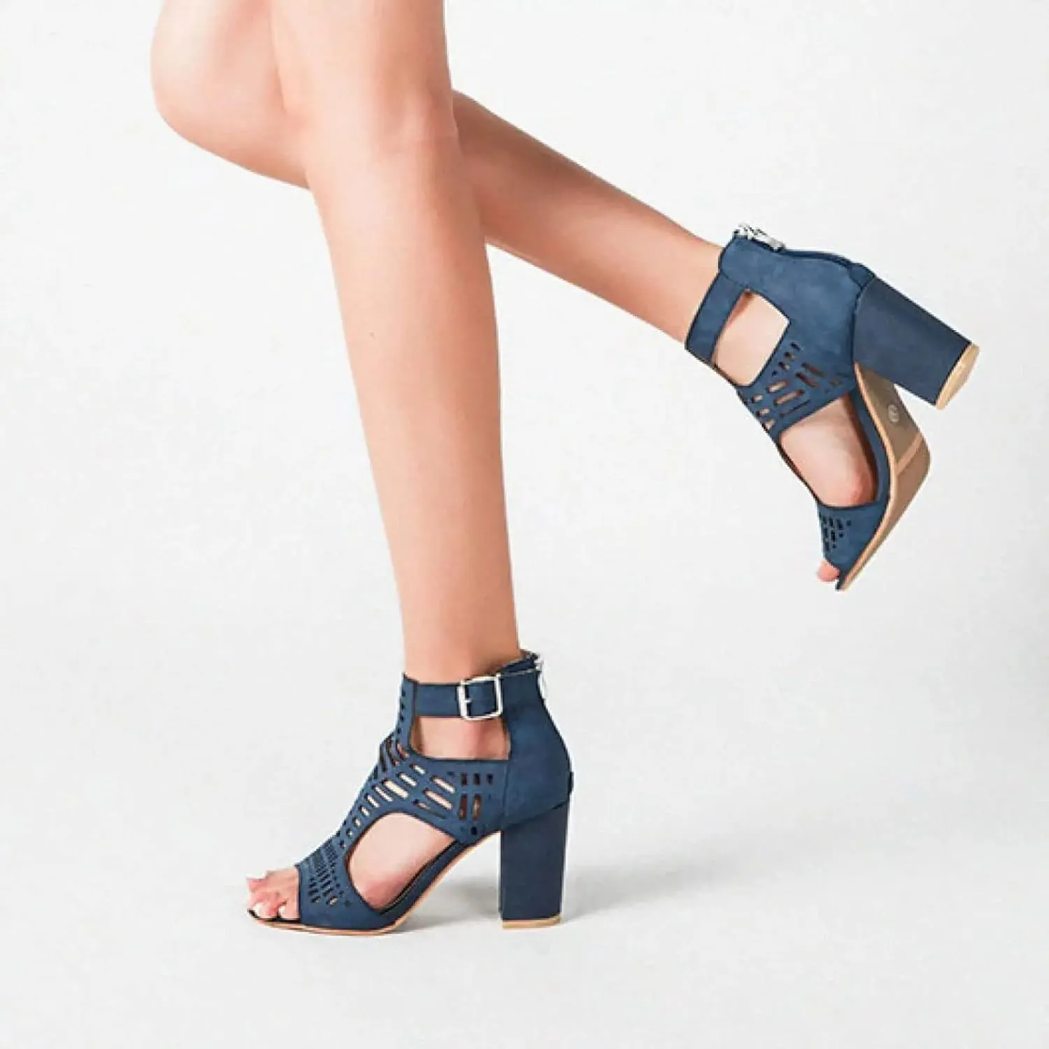 BORAMAX Chunky Heeled Sandals for Women Cutout Strappy Peep Toe Block Heels Buckle up Party Dressy Sandal Women Booties