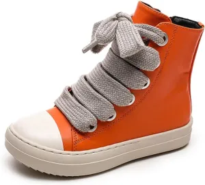 Boys Girls High Top Sneakers PU Leather Lace Up Platform Walking Shoes with Zipper