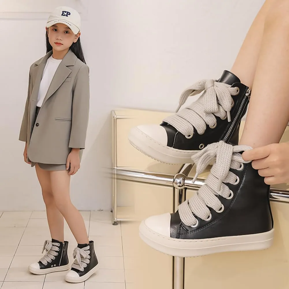 Boys Girls High Top Sneakers PU Leather Lace Up Platform Walking Shoes with Zipper