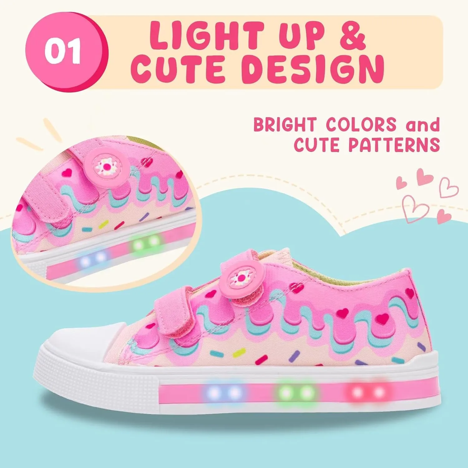 Boys Girls Sneakers Light Up Canvas Shoes for Toddler Kids Easy Fasten Fashion Shoes with Hook and Loops