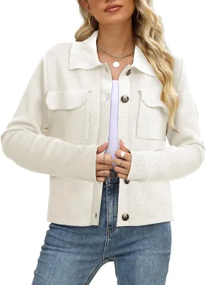 BZB Women Long Sleeve Sweater Cardigan Collared Button Up Open Front Cropped Knit Jackets with Pockets