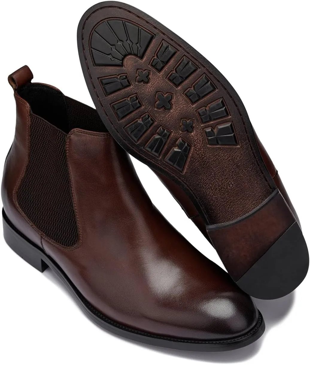 CALTO Men's Invisible Height Increasing Elevator Shoes - Premium Leather Slip-on Chelsea Boots - 2.8 Inches Taller