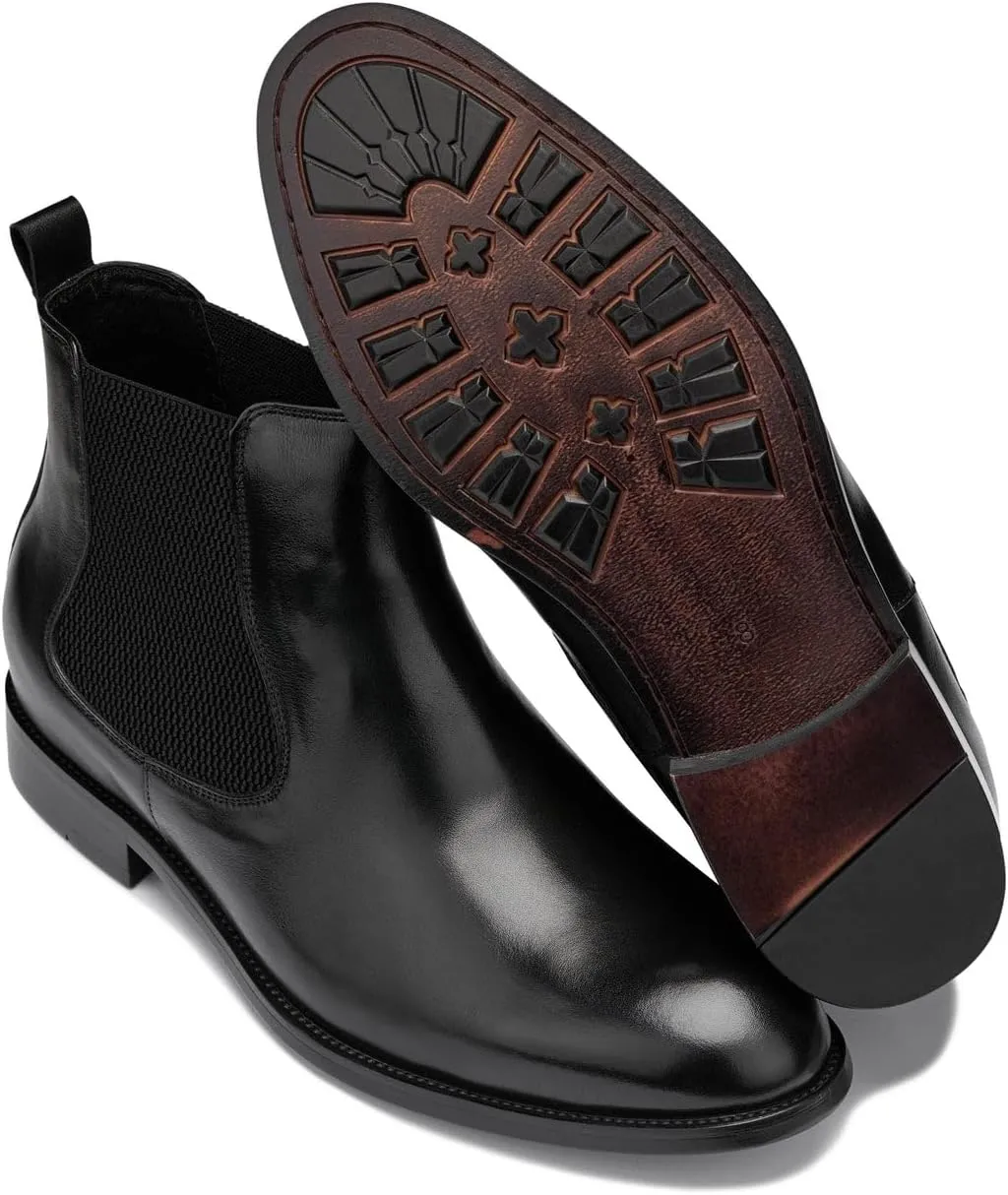CALTO Men's Invisible Height Increasing Elevator Shoes - Premium Leather Slip-on Chelsea Boots - 2.8 Inches Taller