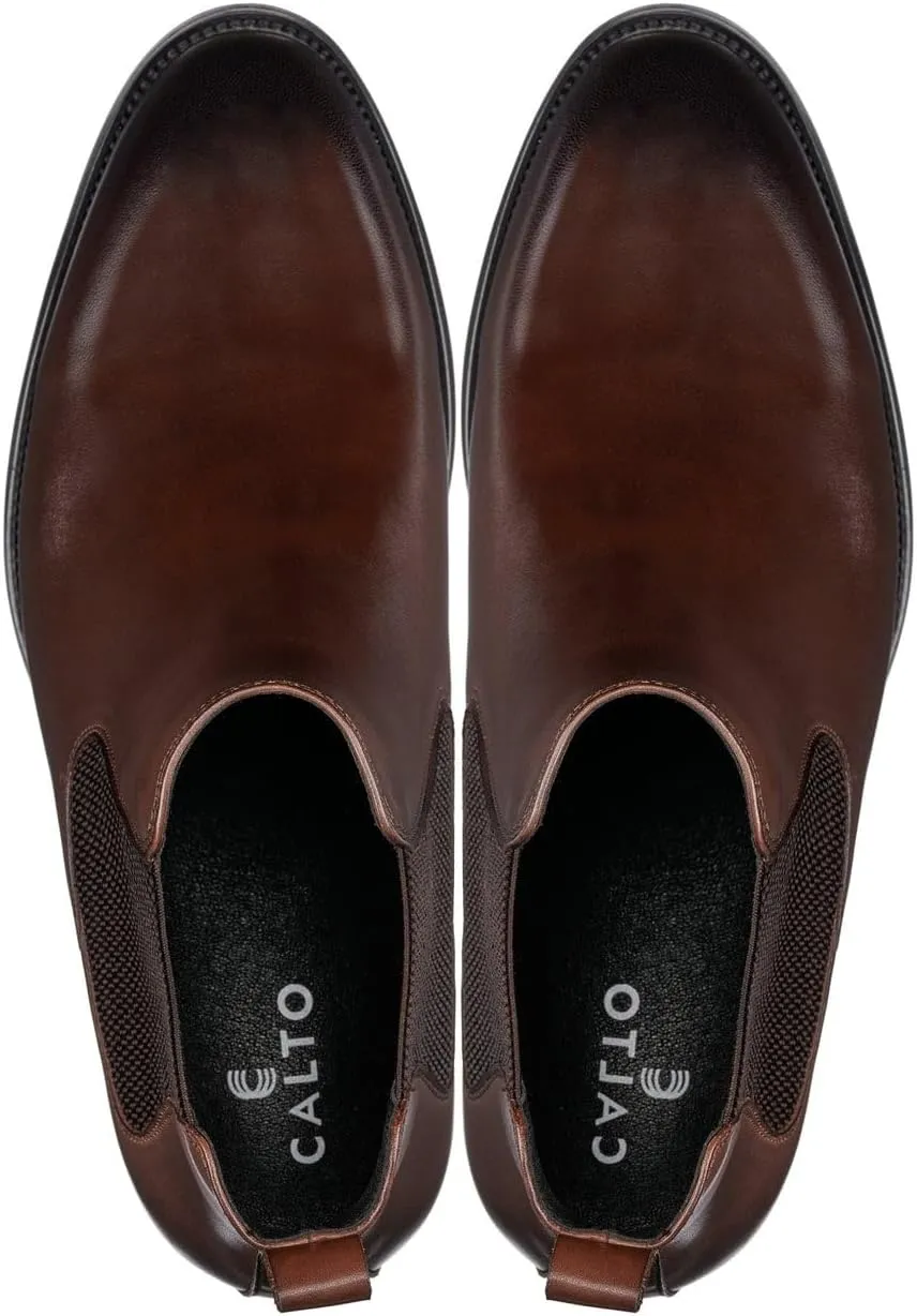 CALTO Men's Invisible Height Increasing Elevator Shoes - Premium Leather Slip-on Chelsea Boots - 2.8 Inches Taller