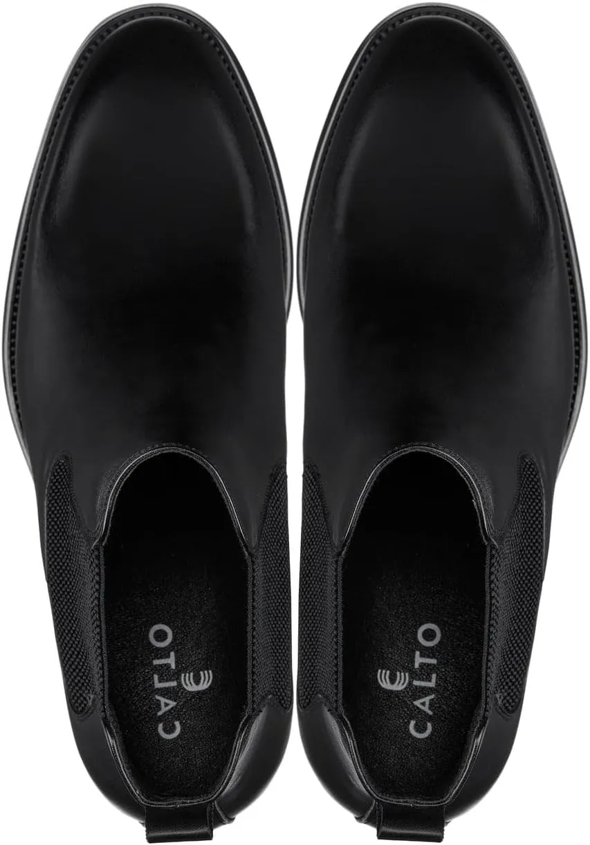 CALTO Men's Invisible Height Increasing Elevator Shoes - Premium Leather Slip-on Chelsea Boots - 2.8 Inches Taller