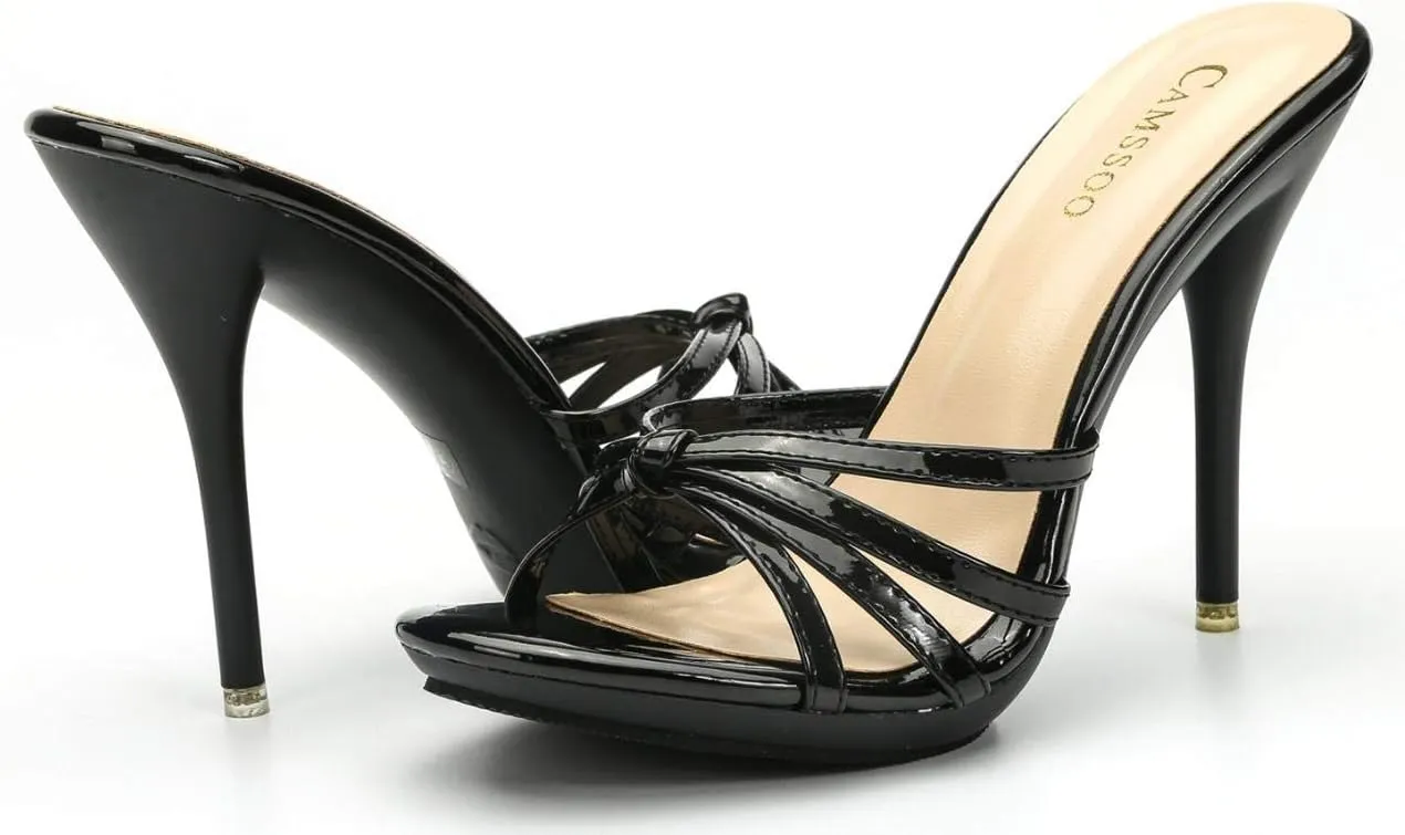 CAMSSOO Women's Strappy Heeled Sandals Stiletto Mules Open Toe Platform High Heels Slip on Sandals