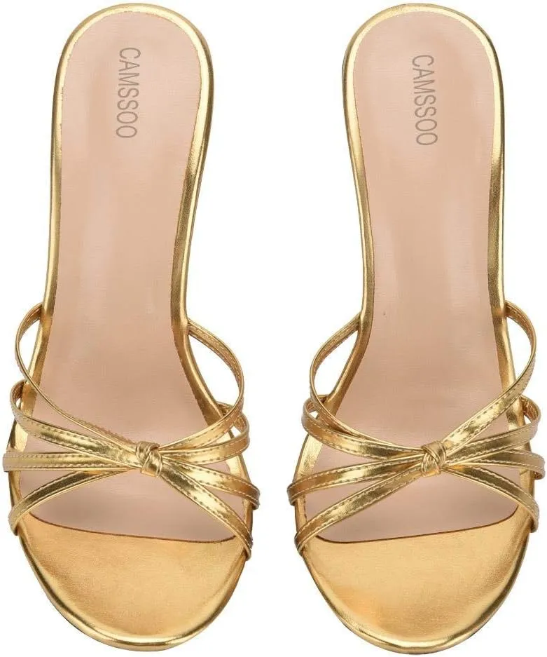 CAMSSOO Women's Strappy Heeled Sandals Stiletto Mules Open Toe Platform High Heels Slip on Sandals