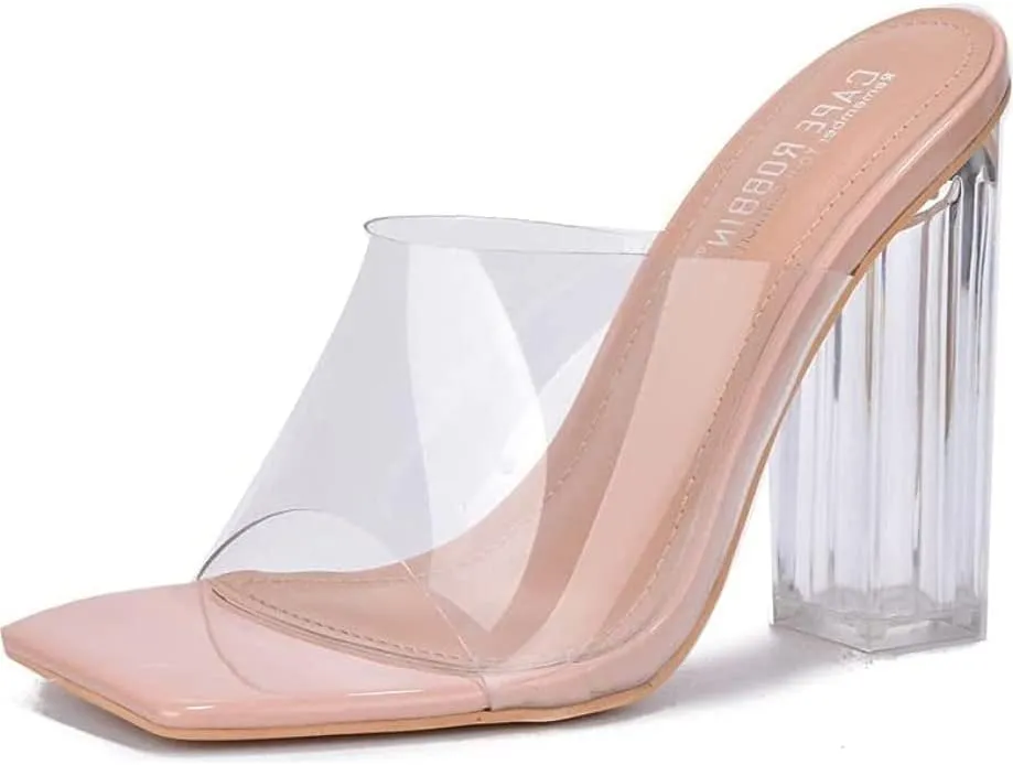 Cape Robbin Edna Clear Chunky Block High Heels for Women, Transparent Open Toe Mules Shoes Heels for Women - Nude Size 10