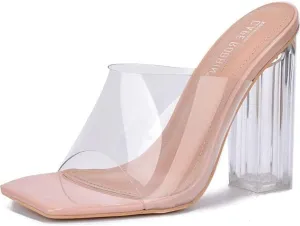 Cape Robbin Edna Clear Chunky Block High Heels for Women, Transparent Open Toe Mules Shoes Heels for Women - Nude Size 11