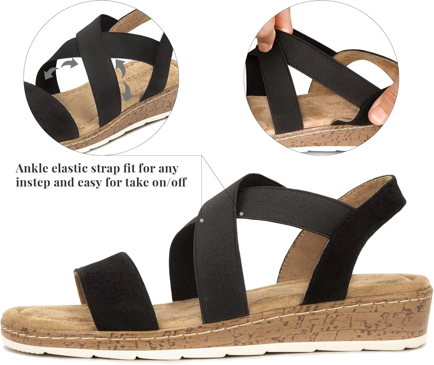 Carcuume Women's Suede Flat Sandals Elastic Slingback Slip-On with Cushioned Wedge Sole for Walking, Beach Weddings,VJAMIE-000