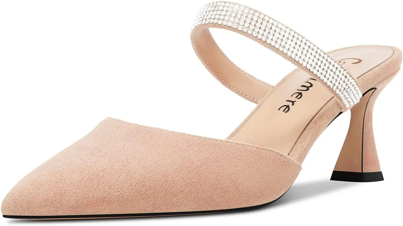 Castamere Women Mid Heel Pointed Toe Slip-on Pumps Rhinestone Crystal Mules Shoes Wedding Prom 2.6 Inches Heels