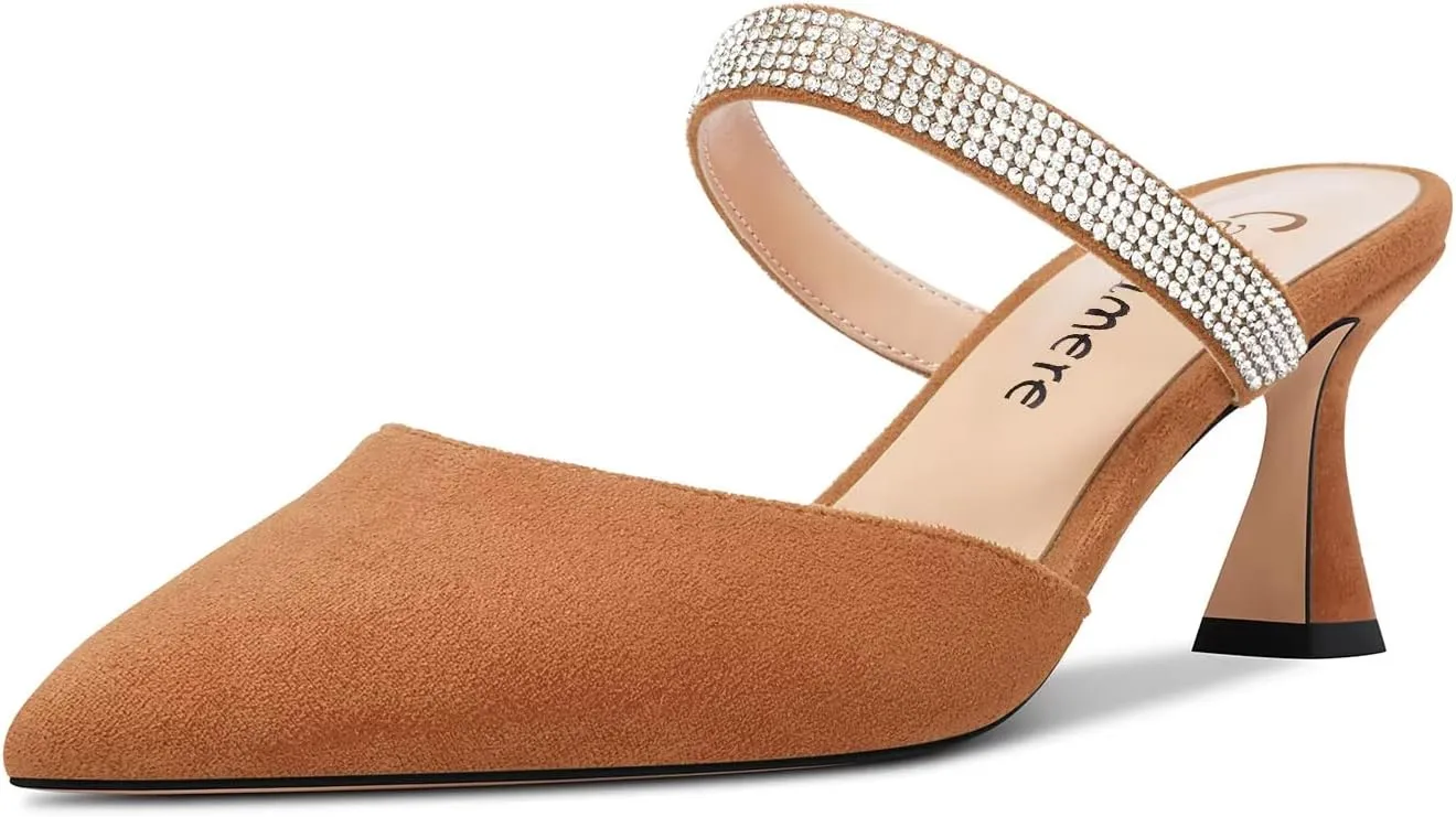 Castamere Women Mid Heel Pointed Toe Slip-on Pumps Rhinestone Crystal Mules Shoes Wedding Prom 2.6 Inches Heels