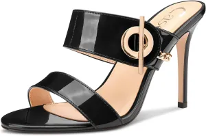Castamere Womens Stiletto High Heel Open Round Toe Sandals Mules Shoes Slip-on Buckle Metal Chain Casual Dress Summer 3.9 Inches Heels