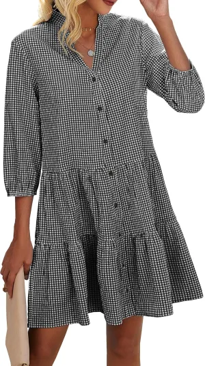 CCTOO Women's Summer Dresses Casual V Neck Button Down 3/4 Sleeve Floral Print Loose Flowy Shirt Dress