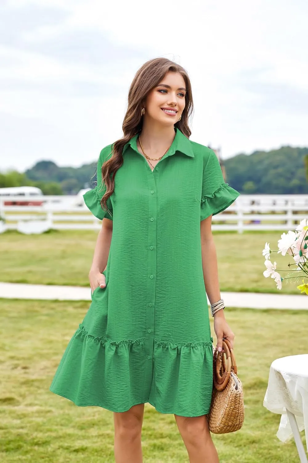 CCTOO Women's Summer Dresses Casual V Neck Button Down 3/4 Sleeve Floral Print Loose Flowy Shirt Dress