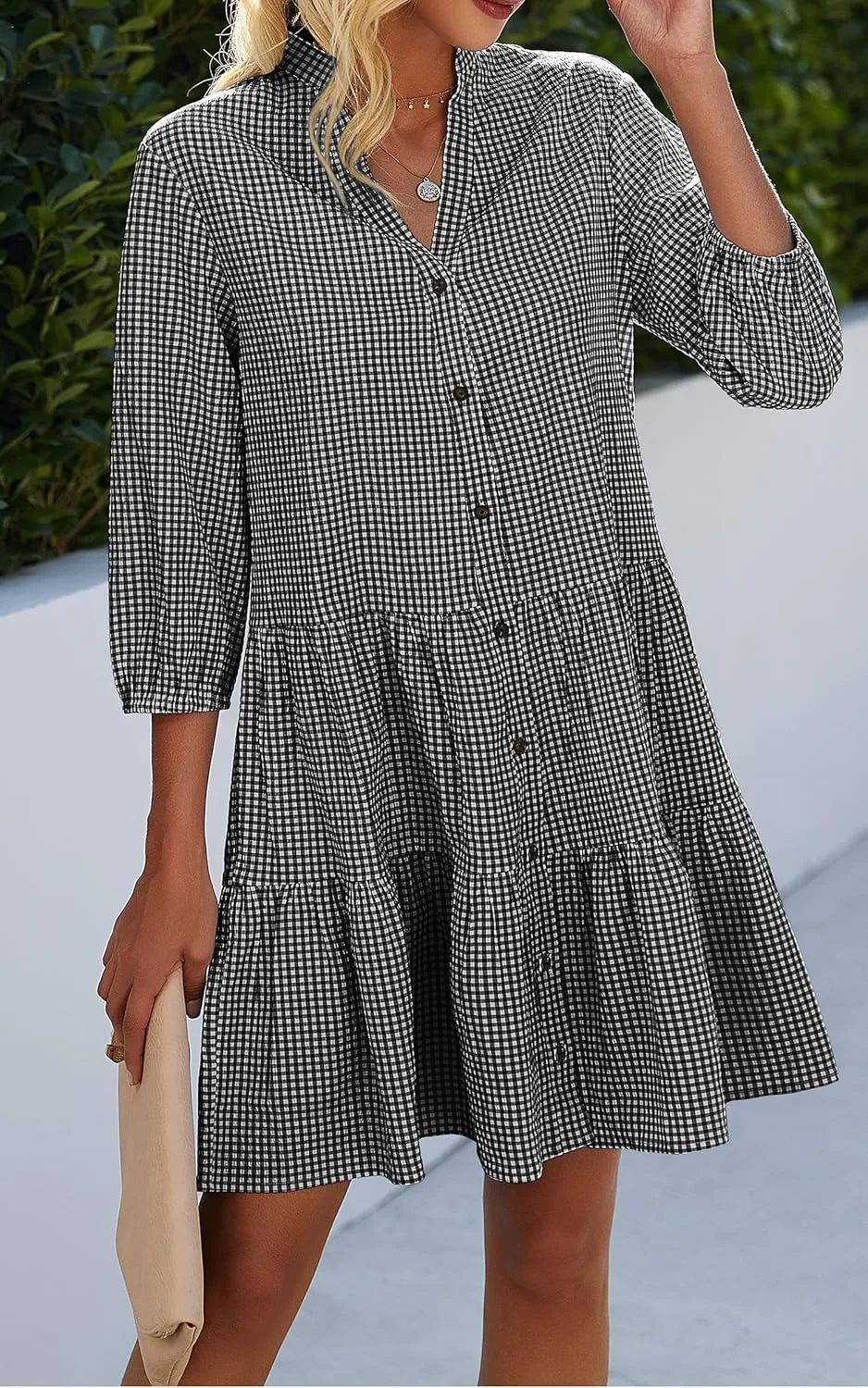 CCTOO Women's Summer Dresses Casual V Neck Button Down 3/4 Sleeve Floral Print Loose Flowy Shirt Dress