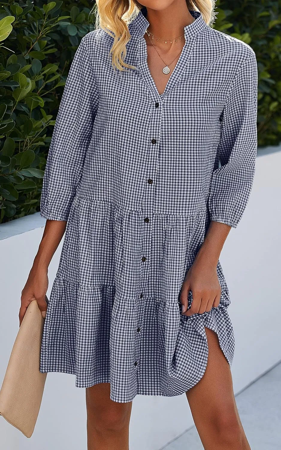 CCTOO Women's Summer Dresses Casual V Neck Button Down 3/4 Sleeve Floral Print Loose Flowy Shirt Dress