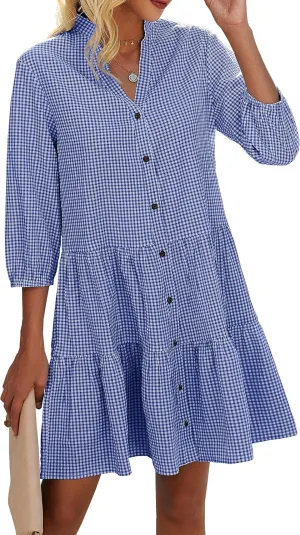 CCTOO Women's Summer Dresses Casual V Neck Button Down 3/4 Sleeve Floral Print Loose Flowy Shirt Dress