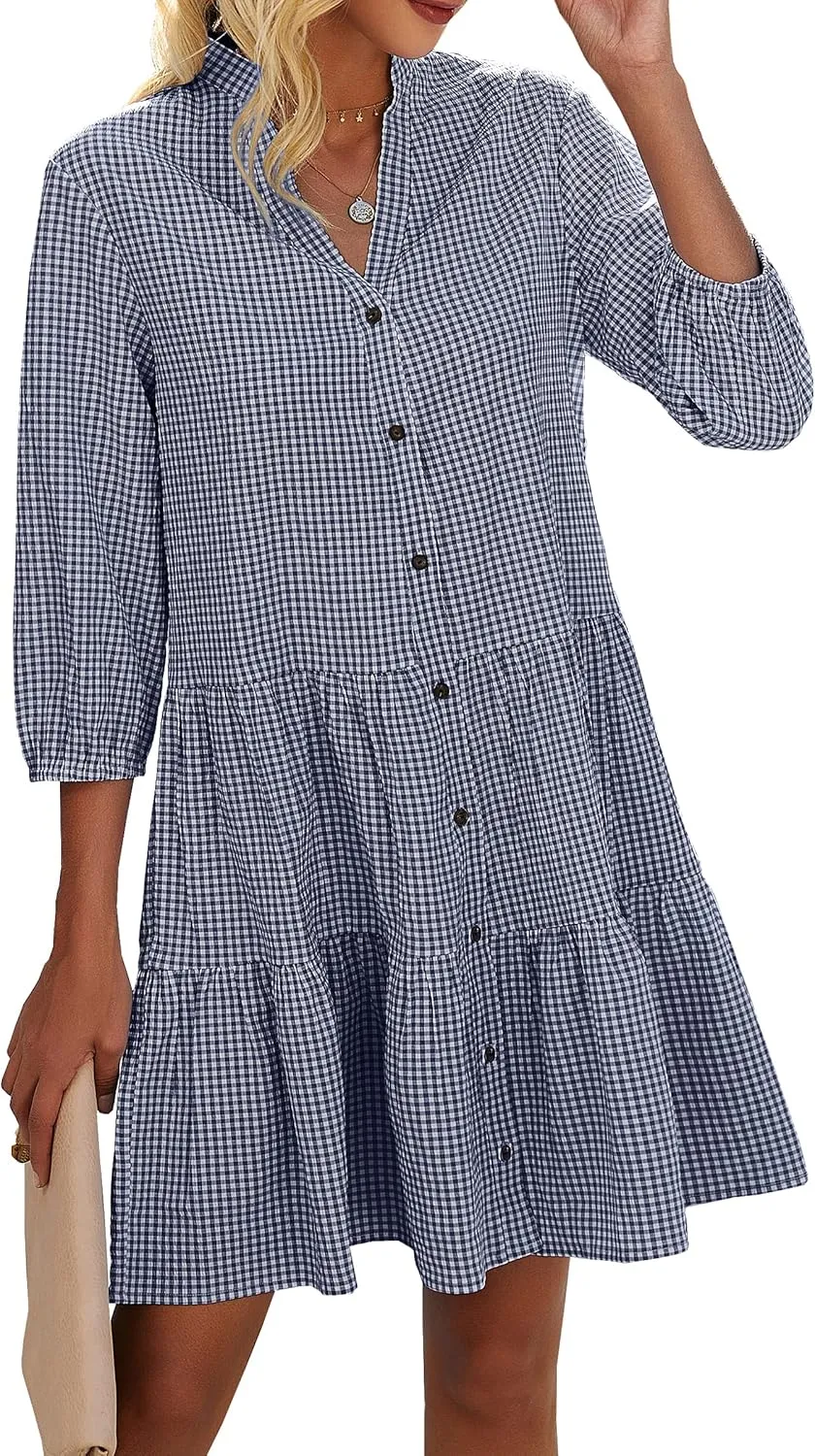 CCTOO Women's Summer Dresses Casual V Neck Button Down 3/4 Sleeve Floral Print Loose Flowy Shirt Dress