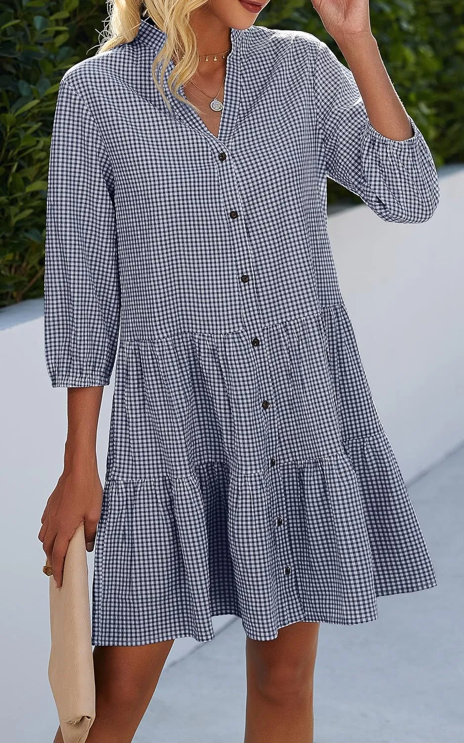 CCTOO Women's Summer Dresses Casual V Neck Button Down 3/4 Sleeve Floral Print Loose Flowy Shirt Dress