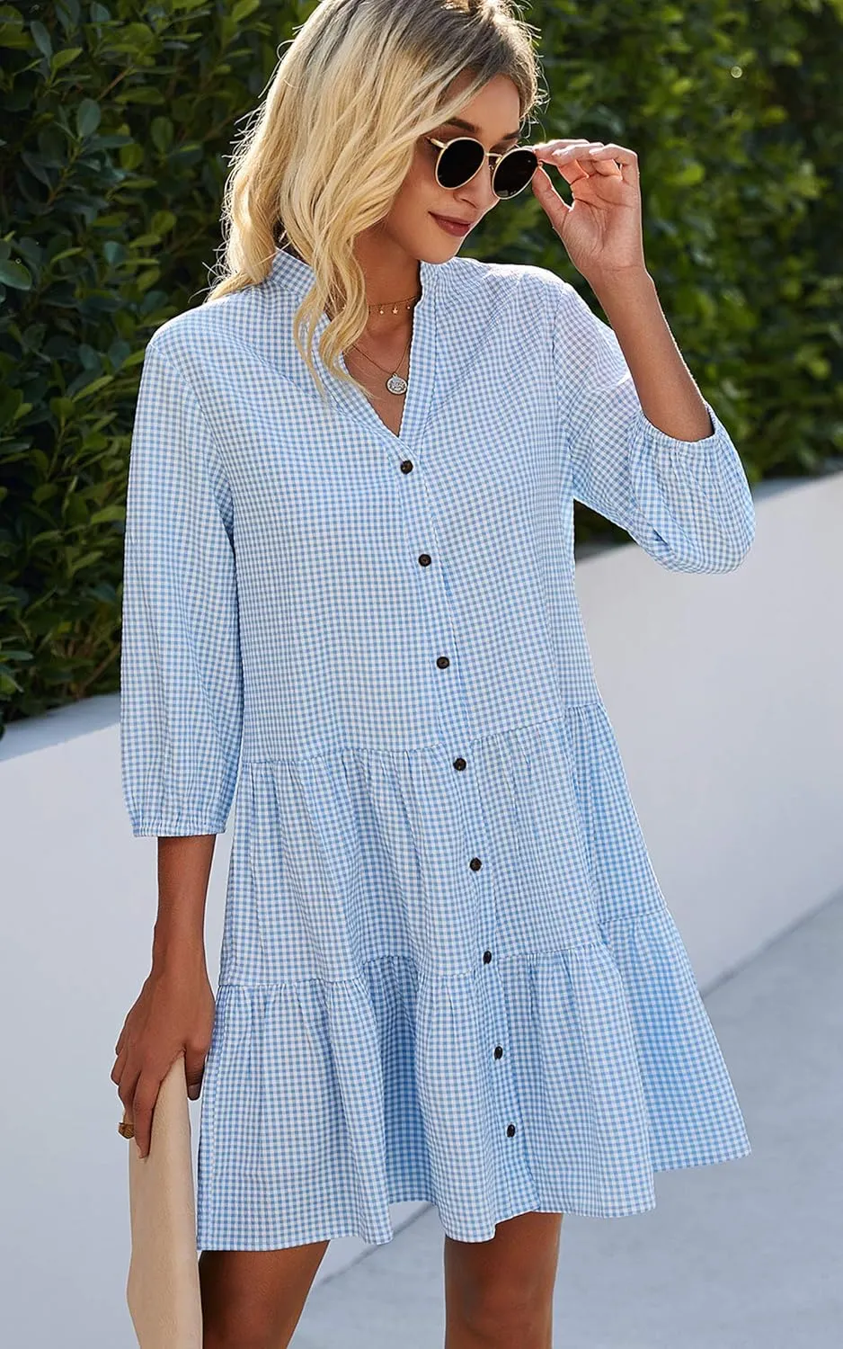 CCTOO Women's Summer Dresses Casual V Neck Button Down 3/4 Sleeve Floral Print Loose Flowy Shirt Dress