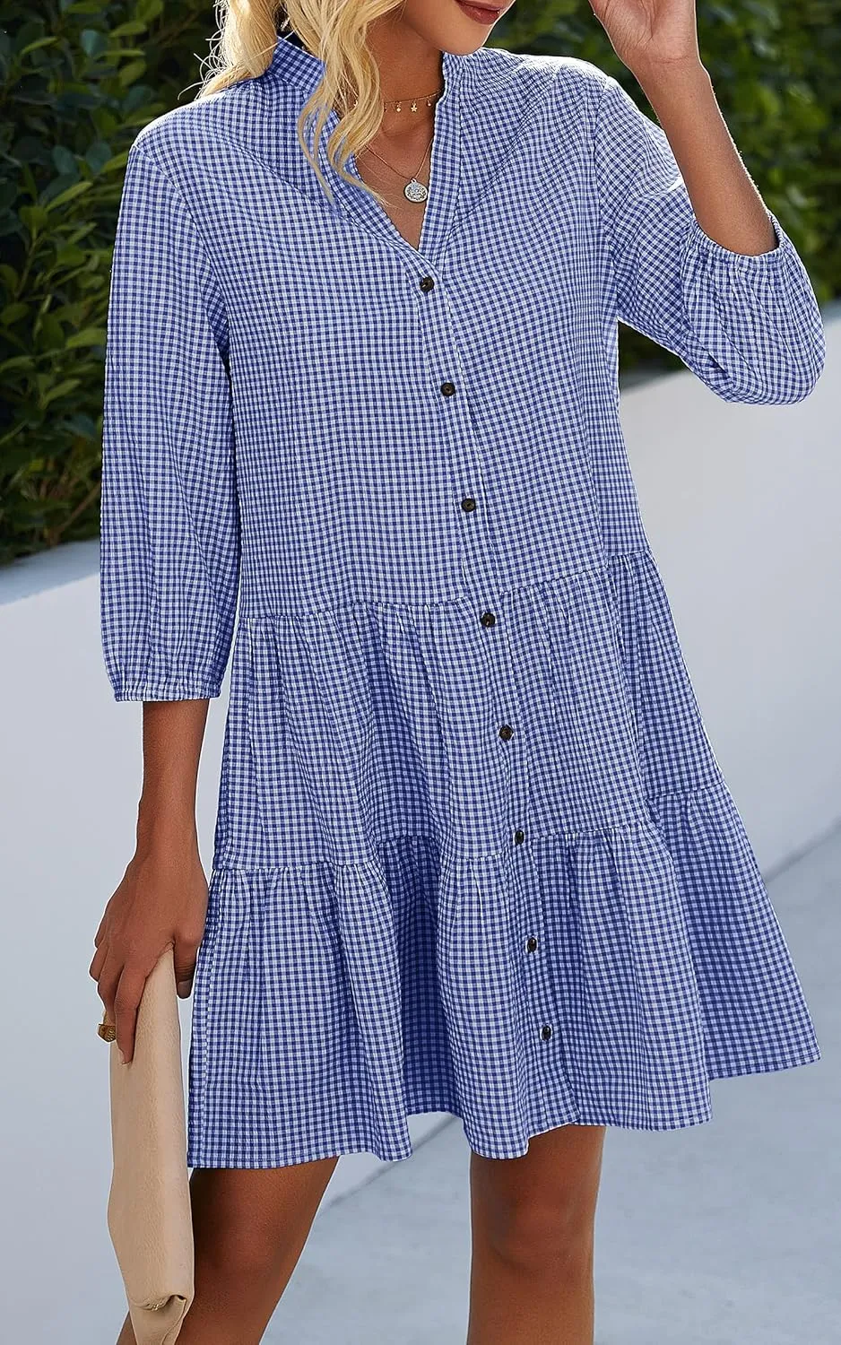 CCTOO Women's Summer Dresses Casual V Neck Button Down 3/4 Sleeve Floral Print Loose Flowy Shirt Dress