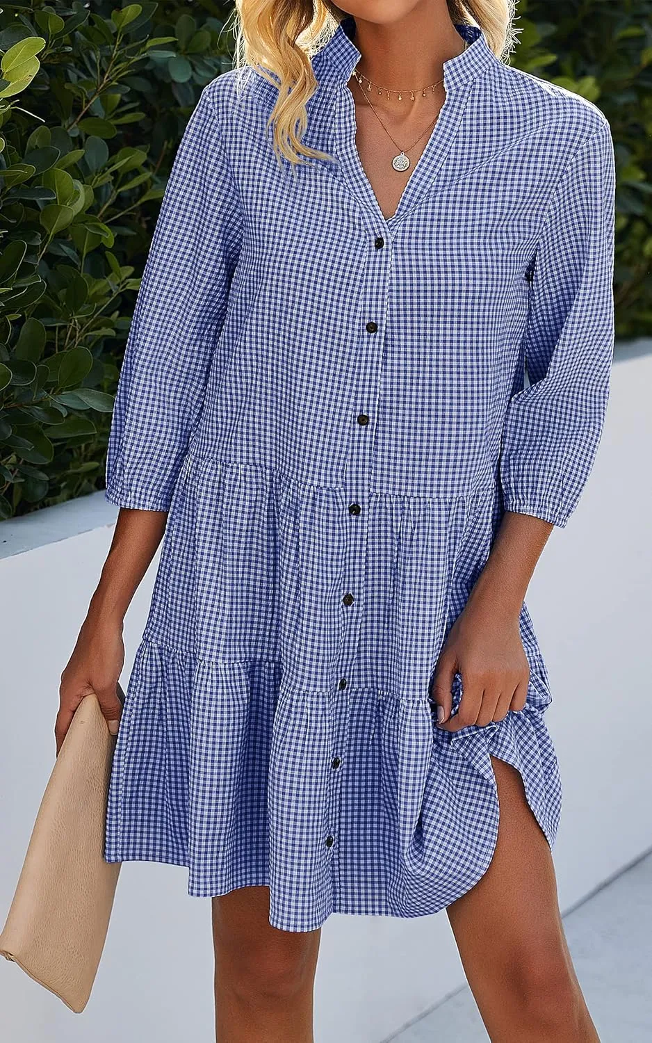 CCTOO Women's Summer Dresses Casual V Neck Button Down 3/4 Sleeve Floral Print Loose Flowy Shirt Dress