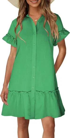CCTOO Women's Summer Dresses Casual V Neck Button Down 3/4 Sleeve Floral Print Loose Flowy Shirt Dress