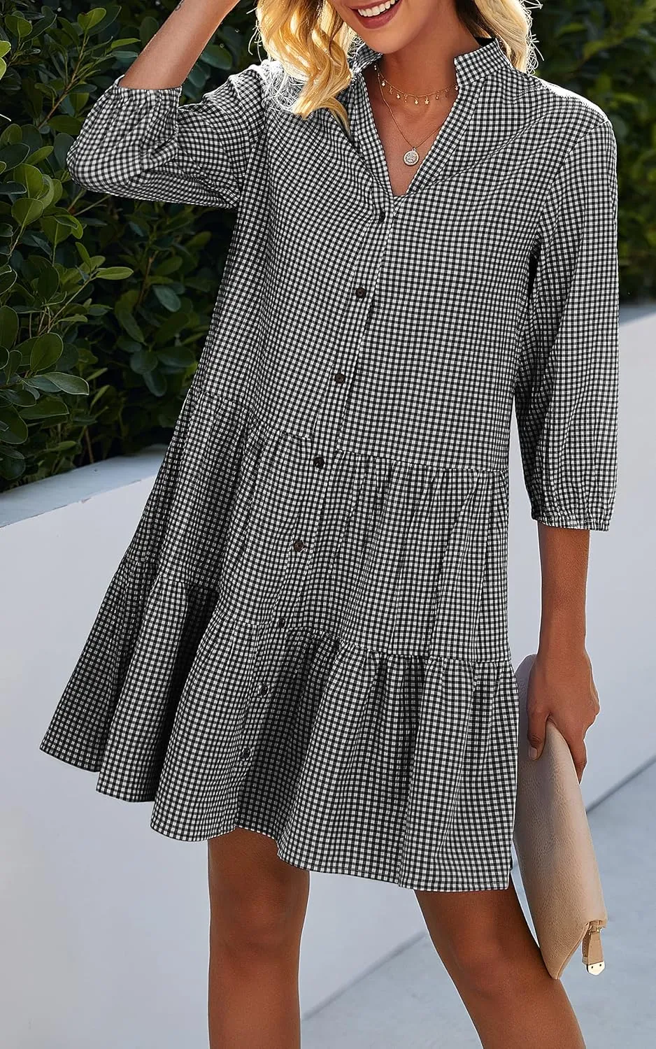 CCTOO Women's Summer Dresses Casual V Neck Button Down 3/4 Sleeve Floral Print Loose Flowy Shirt Dress