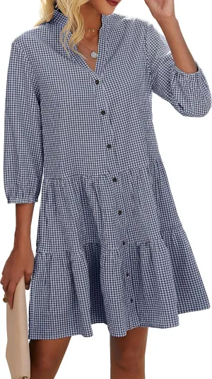 CCTOO Women's Summer Dresses Casual V Neck Button Down 3/4 Sleeve Floral Print Loose Flowy Shirt Dress