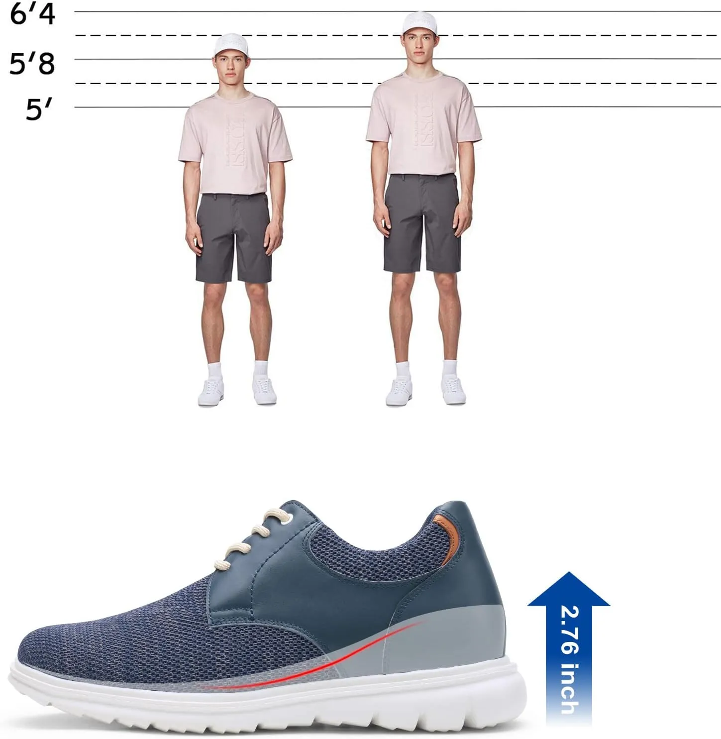 CHAMARIPA Men Elevator Sneakers Sports Shoes Mesh Lace up Shoes Light Weight Height Increasing Shoes Hidden Heel Trainers