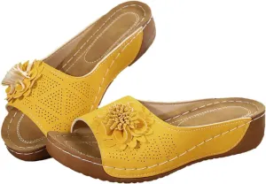 Chic Flowers Orthopedic Sandals for Women Arch Support Fish Mouth Open Toe Leather Slippers Wedge Platform Sandal