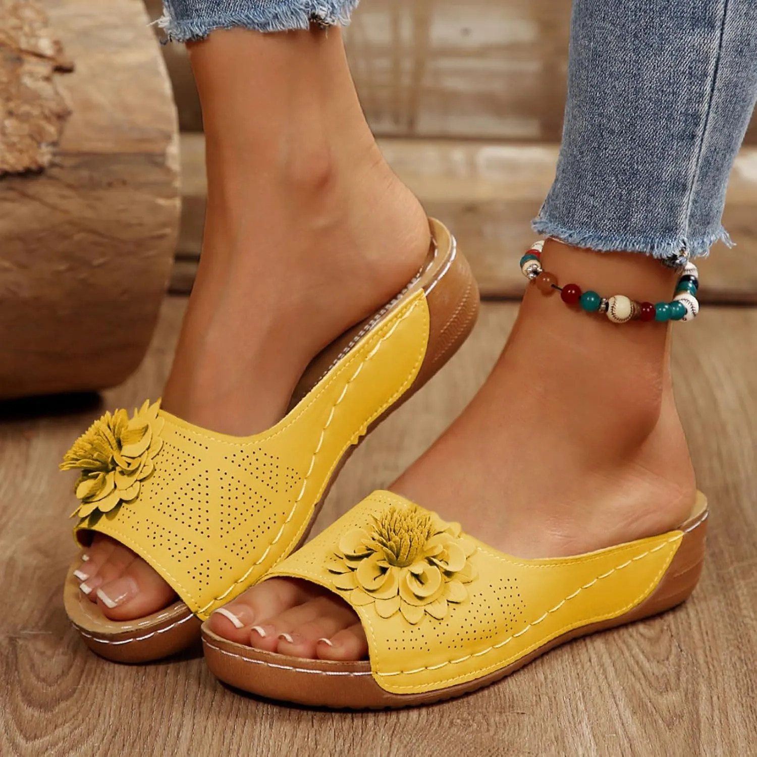 Chic Flowers Orthopedic Sandals for Women Arch Support Fish Mouth Open Toe Leather Slippers Wedge Platform Sandal