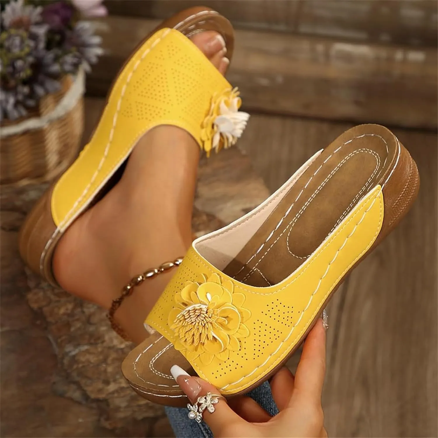 Chic Flowers Orthopedic Sandals for Women Arch Support Fish Mouth Open Toe Leather Slippers Wedge Platform Sandal
