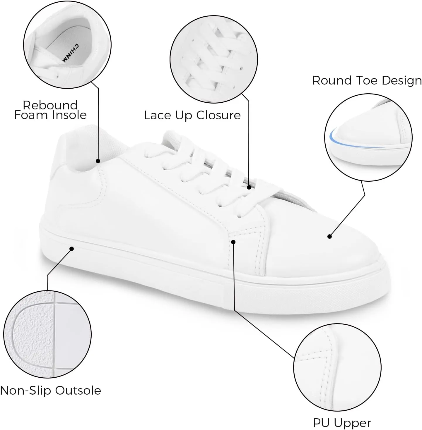 CHIN·MOON Women's Fashion Sneakers White PU Leather Casual Shoes Low Top Lace Up Tennis Sneakers